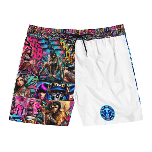 MDBTDJ#MLS1-W Men's Mid-Length Swim Shorts, All Over Prints, Tattooed Djs Shop