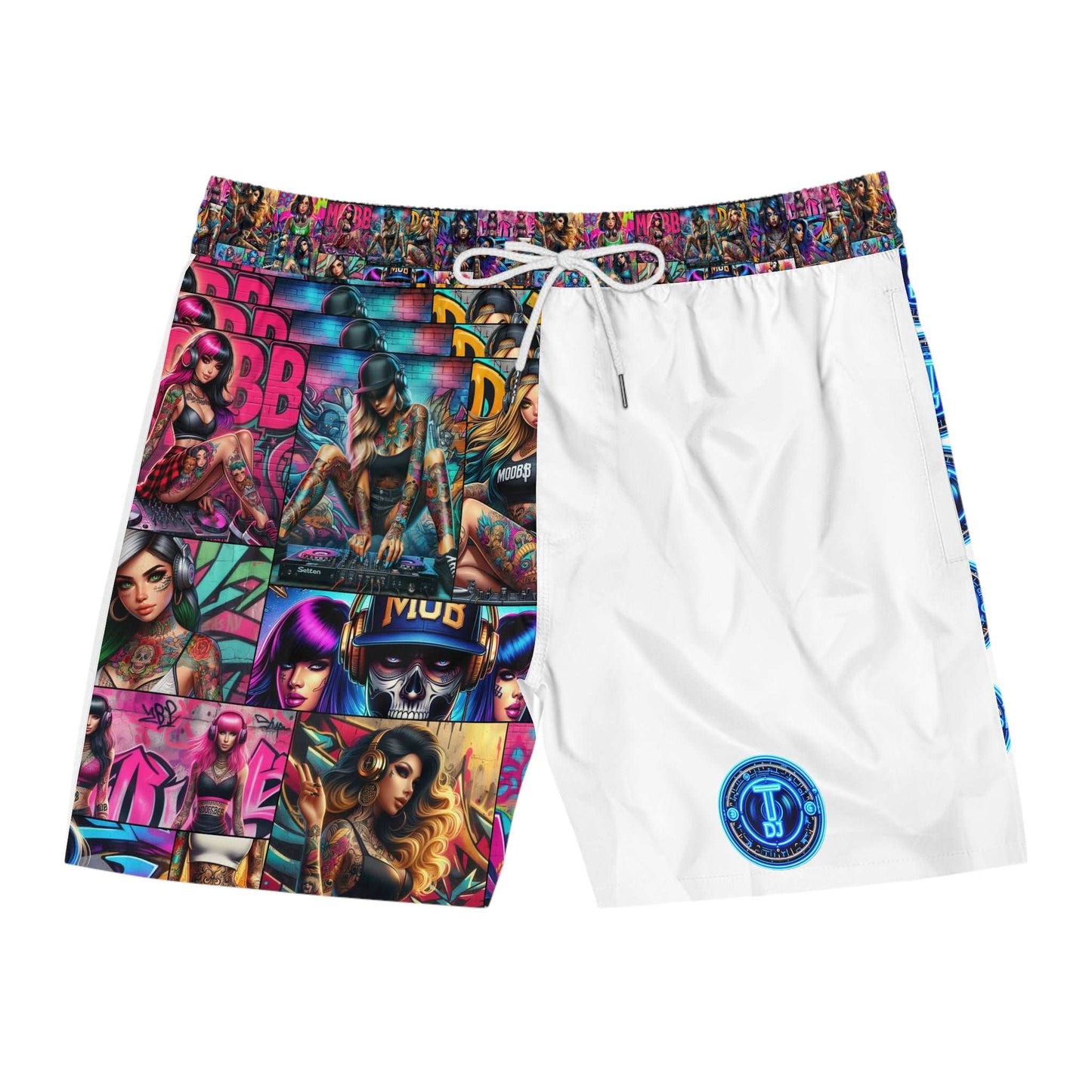 MDBTDJ#MLS1-W Men's Mid-Length Swim Shorts, All Over Prints, Tattooed Djs Shop